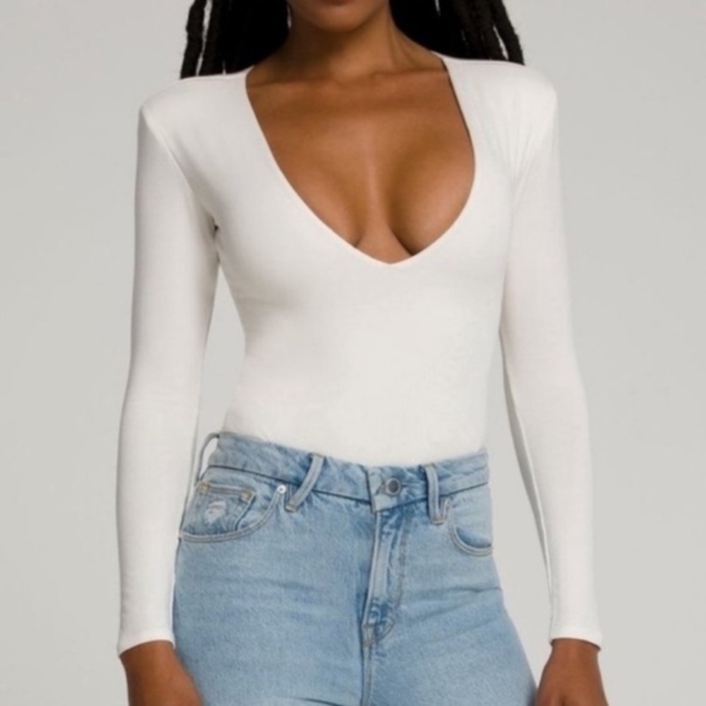 NWT Good American Low Down Deep V Body Suit Long Sleeve Ivory Sz 3 Large